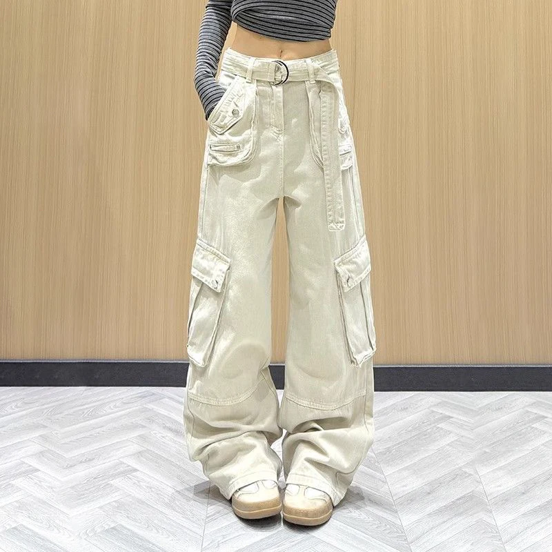 2025 autumn and winter new street versatile multi-pocket tooling jeans women's casual loose and thin wide-leg trousers