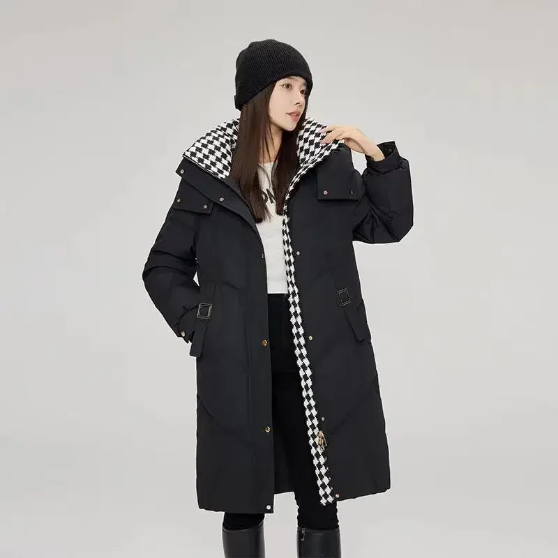 Heavyweight Winter Coat for Women Loose Long Cotton Padded Jacket with Detachable Hood Color Block Contrast Thermal Apparel