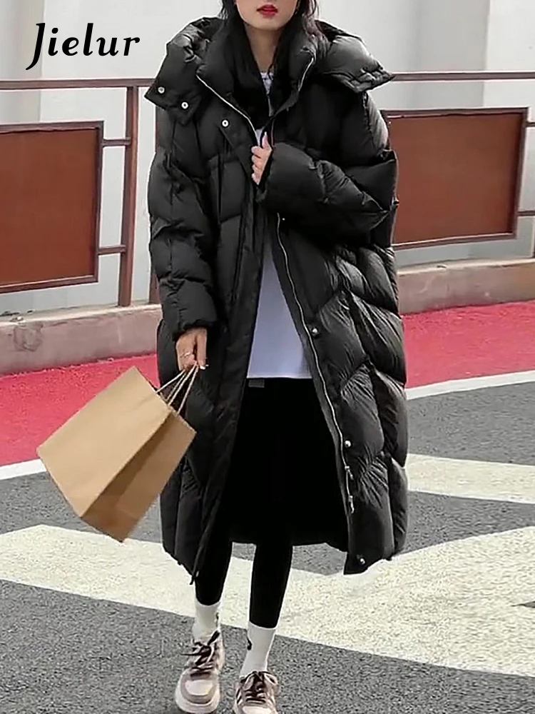 

Jielur Winter Korean Ins Female Parkas Loose Solid Color Long Down Coat Casual Simple Office Lady Fashion Women's Parkas Zipper