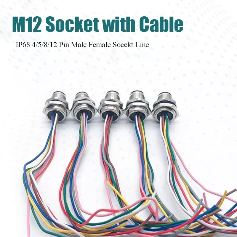 Waterproof M12 4 5 8 12 Pin Cable Connector IP68 Male Female Aviation Socket with 20CM Wire Open 12mm/16mm Panel Mount Sockets