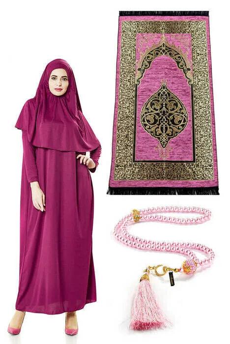 

IQRAH One-Piece Prayer Gown-Prayer Rug-Rosary-Worship Set-Fuchsia