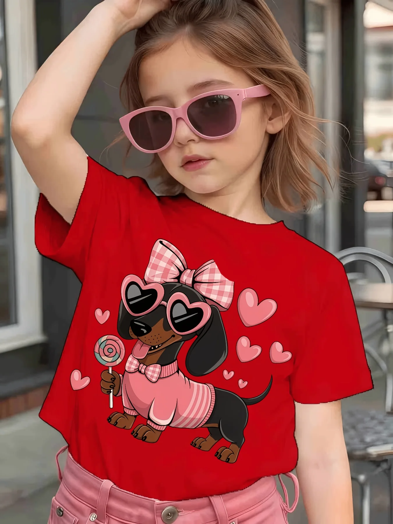 Bow Dachshund T Shirt Lovely Heart Lollipop Pattern Boys Girls Parent Child Matching Cotton Summer Daily Short Sleeve Clothes