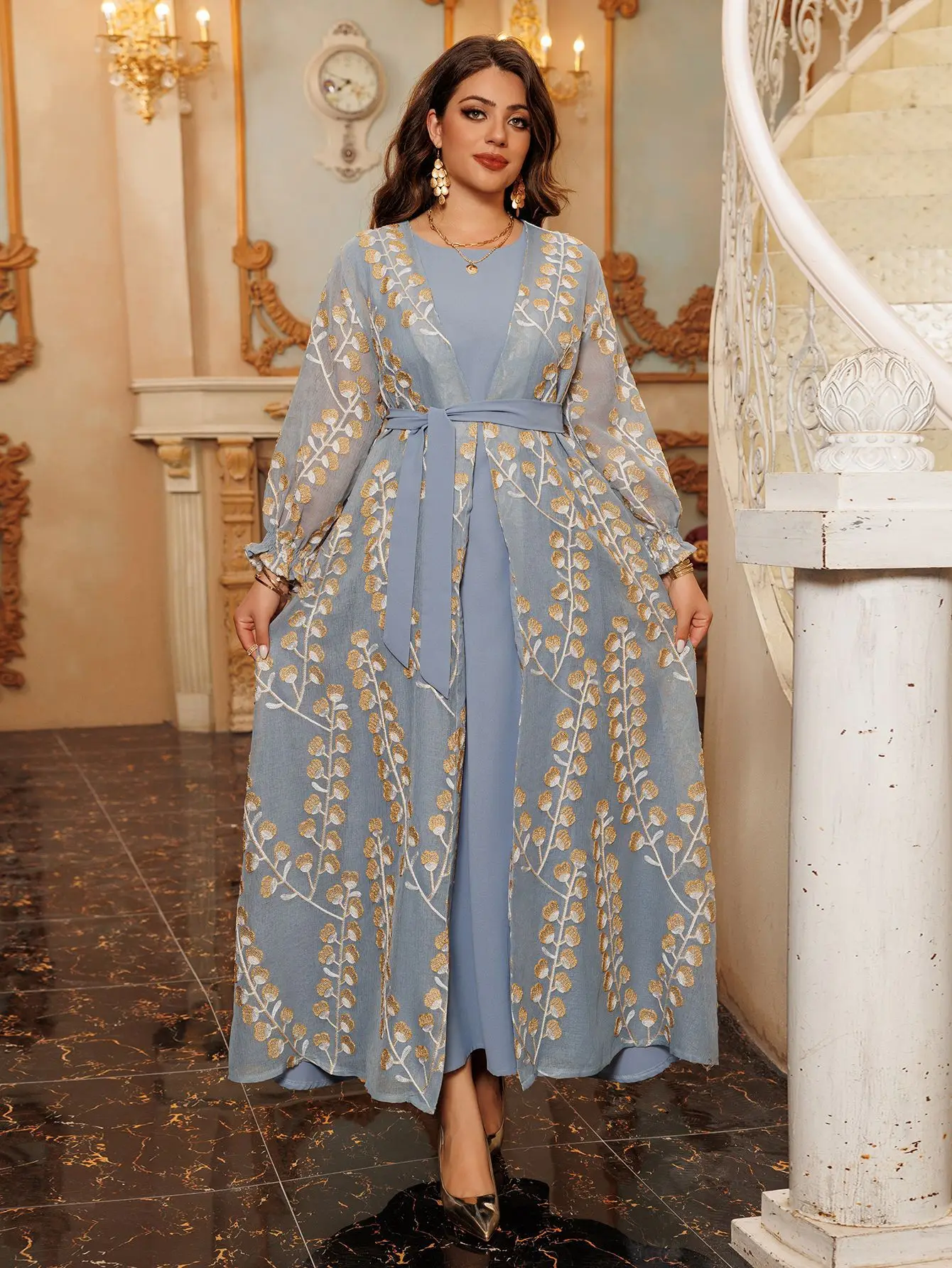 Ramadan Eid Muslim Women Embroidery Kimono Open Abaya Maxi Dress Set 2PCS Caftan Marocain Femme Jalabiya Kaftan Dubai Gown Robe