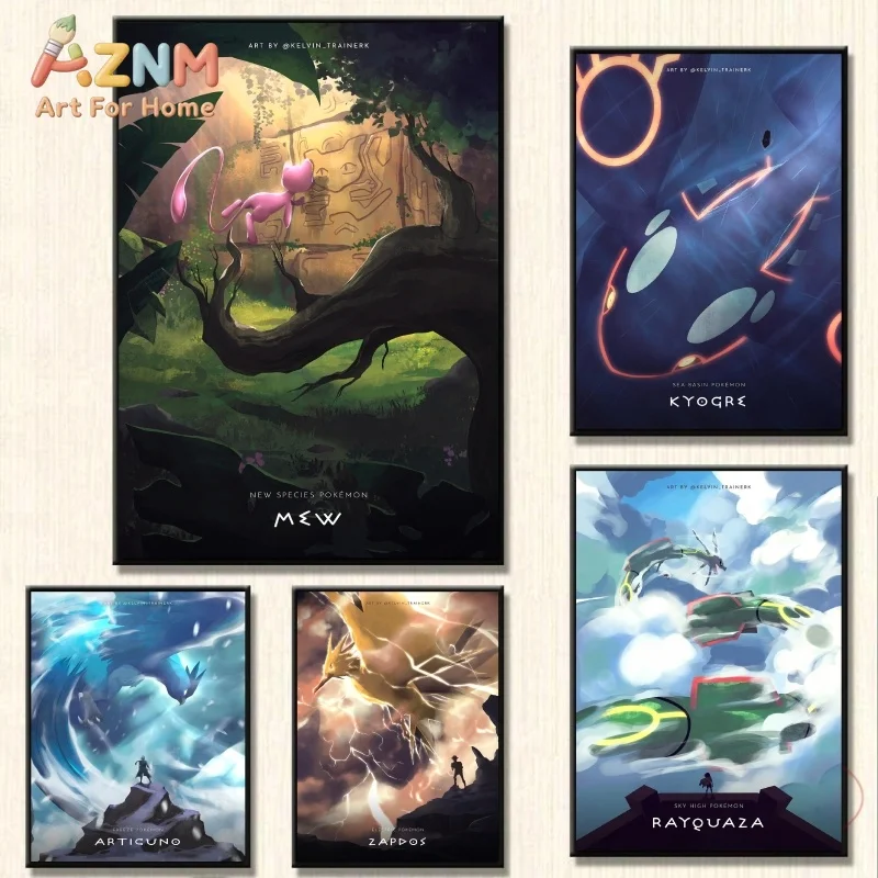 AZNM Legendary Pokemon Scenery Canvas Wall Art, Cool Mew Kyogre Rayquaza Anime Frameless Canvas Print Poster for Teen Room Home