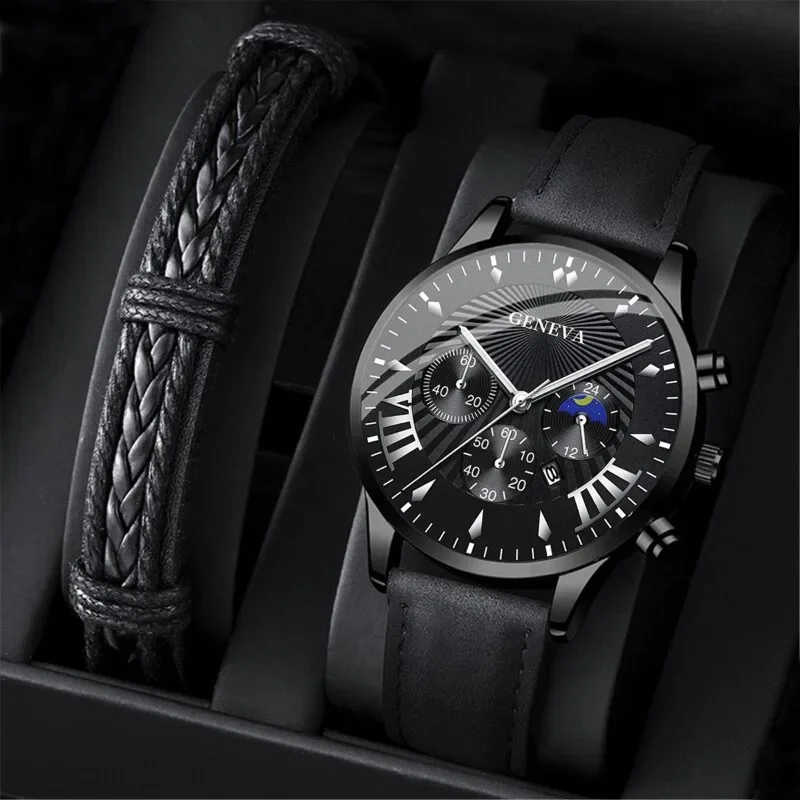 

1pc Mens Watch Men's Casual Business PU Strap Analog Quartz Wrist Watch 2pcs Bracelet Combination Set Wristwatch Bracelet Set