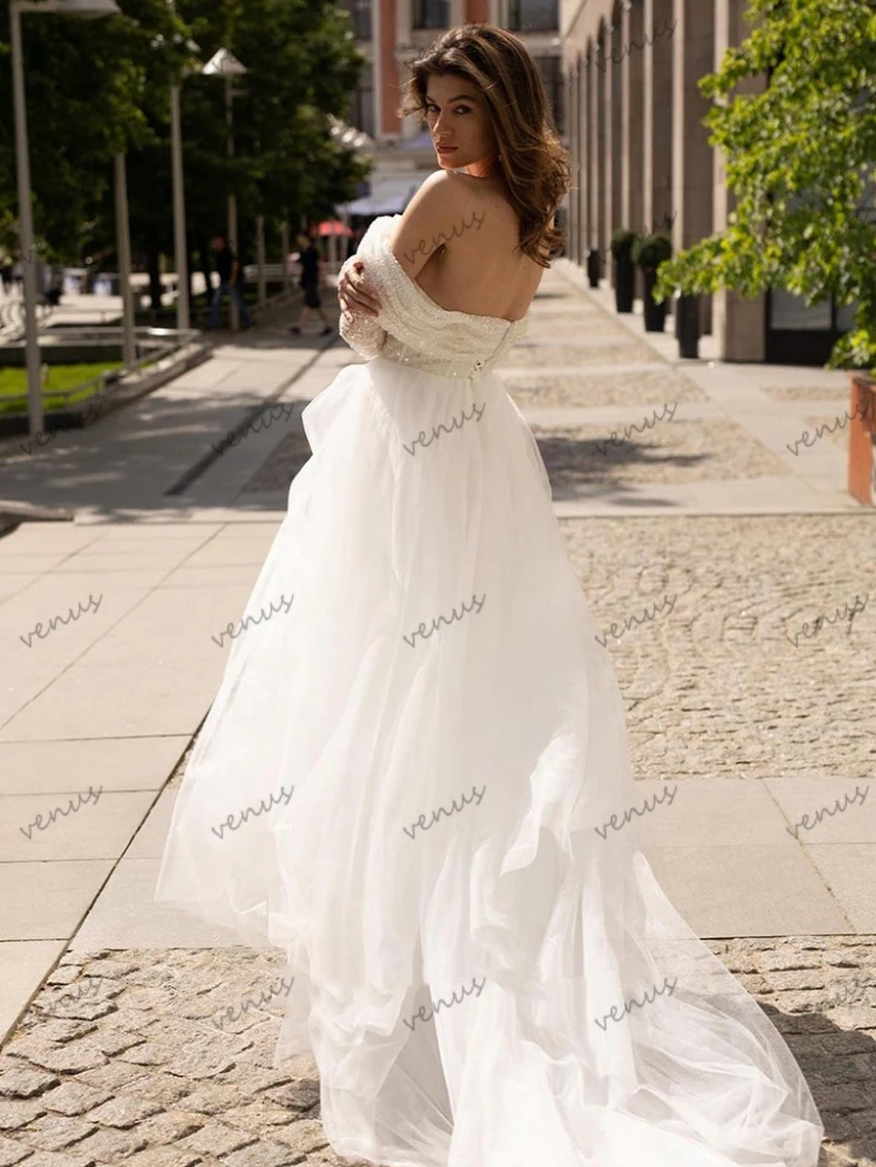 Vestidos De Novia con purpurina, elegantes Vestidos De Novia con apliques De lentejuelas y hombros descubiertos, Vestidos De Novia con abertura larga personalizados 2025