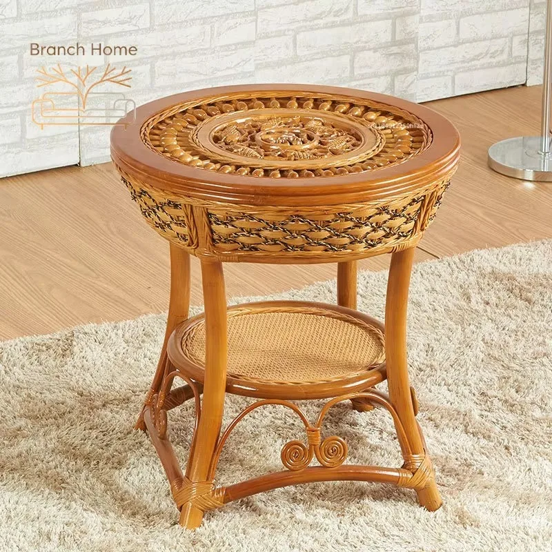Artistic Round Rattan Coffee Table Mini Tea Dining Table for Balcony Living Room Woven Corner Side Table for Small Spaces