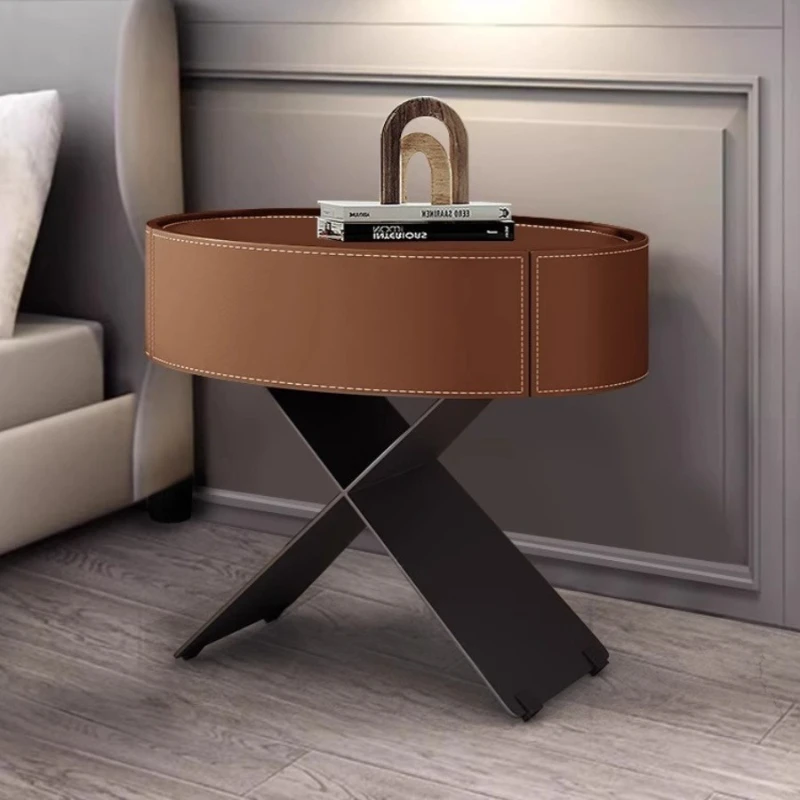 

Italian minimalist saddle leather bedside table bedroom creative oval storage bedside table khaki