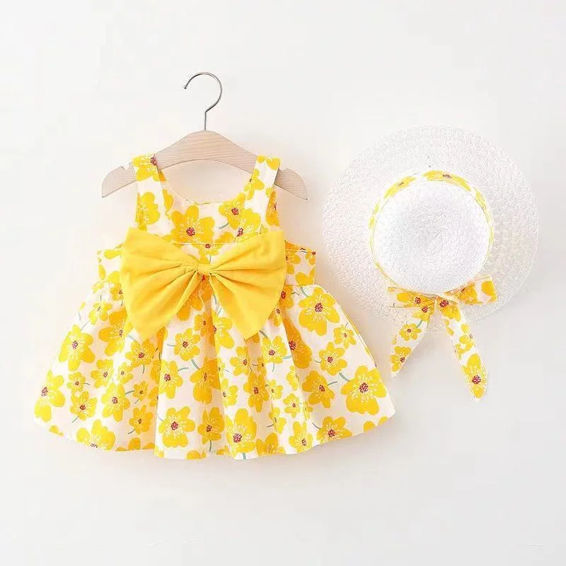 ToddlerGirl Summer Seaside Vacation Red Flowers 0-3-Year-Old Baby Clothes Sleeveless Bow Floral Girl Princess Dress+Hat Birthday