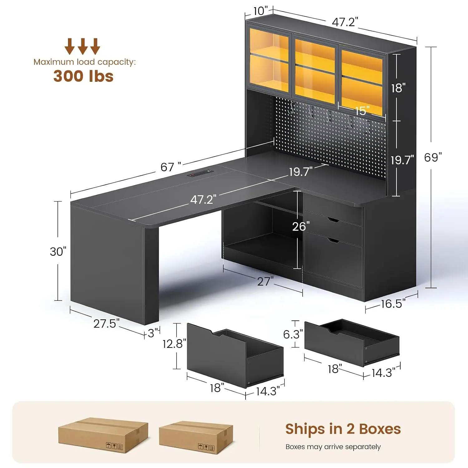 L Shaped Corner Gaming Desk with 3 Wood Drawer and Large Bookshelf, Customized
