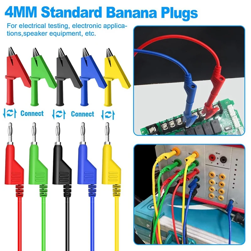 ABPP-4Mm كابل مرن قابل للتكديس من الموز إلى الموز، موصلات اختبار كهربائية مع 10 قطع من مشابك التمساح النحاسية الواقية