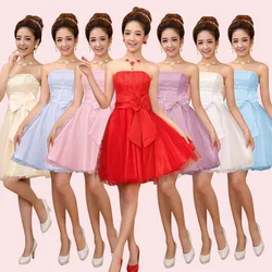 J728 New Srapless Short Bridesmaid Dresses Princess Lace Mesh Net Tulle Prom Graduation Party Dress With Bow Elastic Back