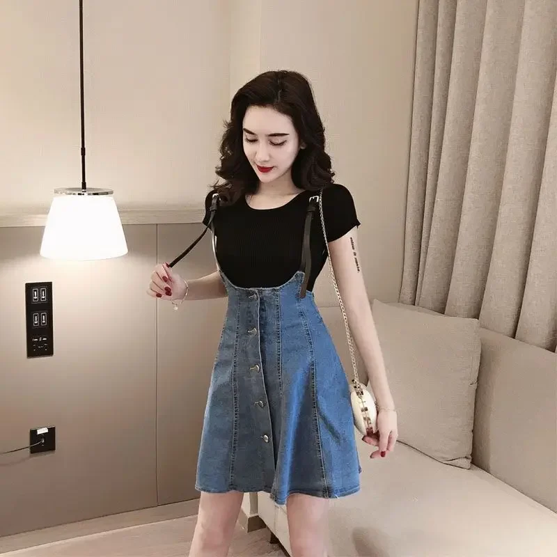 Commuting Sexy 2 Pieces Sets for Women Denim Mature Cotton Short Sleeve Night Club Woman Outfit Dress Ruffles Stylish Vintage