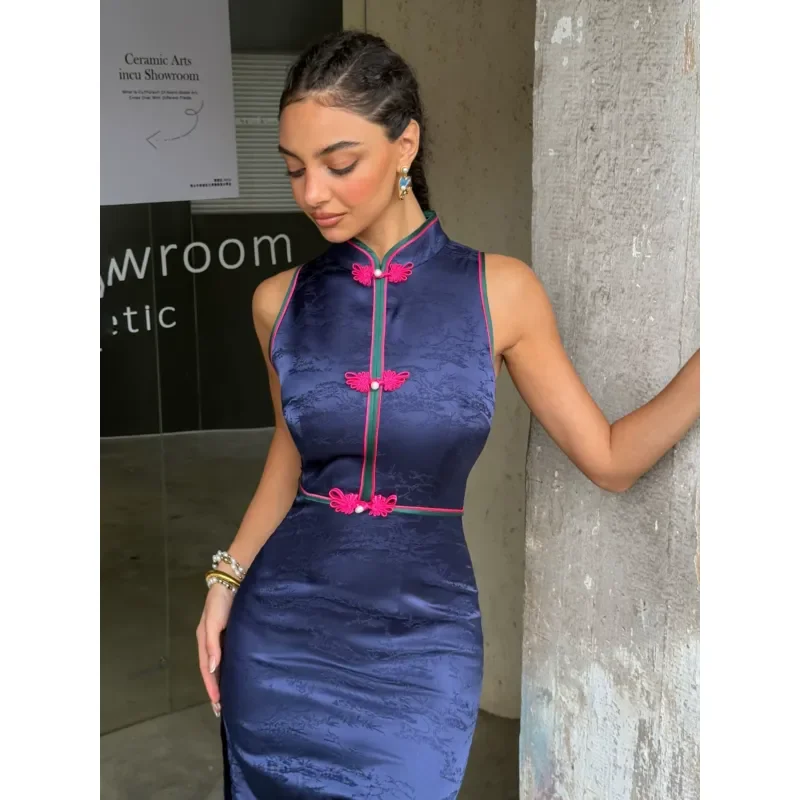 Dark Blue Retro Sleeveless Cheongsam Dress Medium Long Split Skirt Stand Collar Disc Button Chinese Style Elegant Vintage