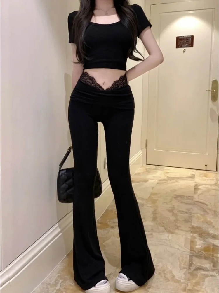 Summer Flare Pants For Women Lace High Waist Slim Fit Pantalon Femme 2025 New Bottoms Solid Color Fashion Sexy Korean Trousers