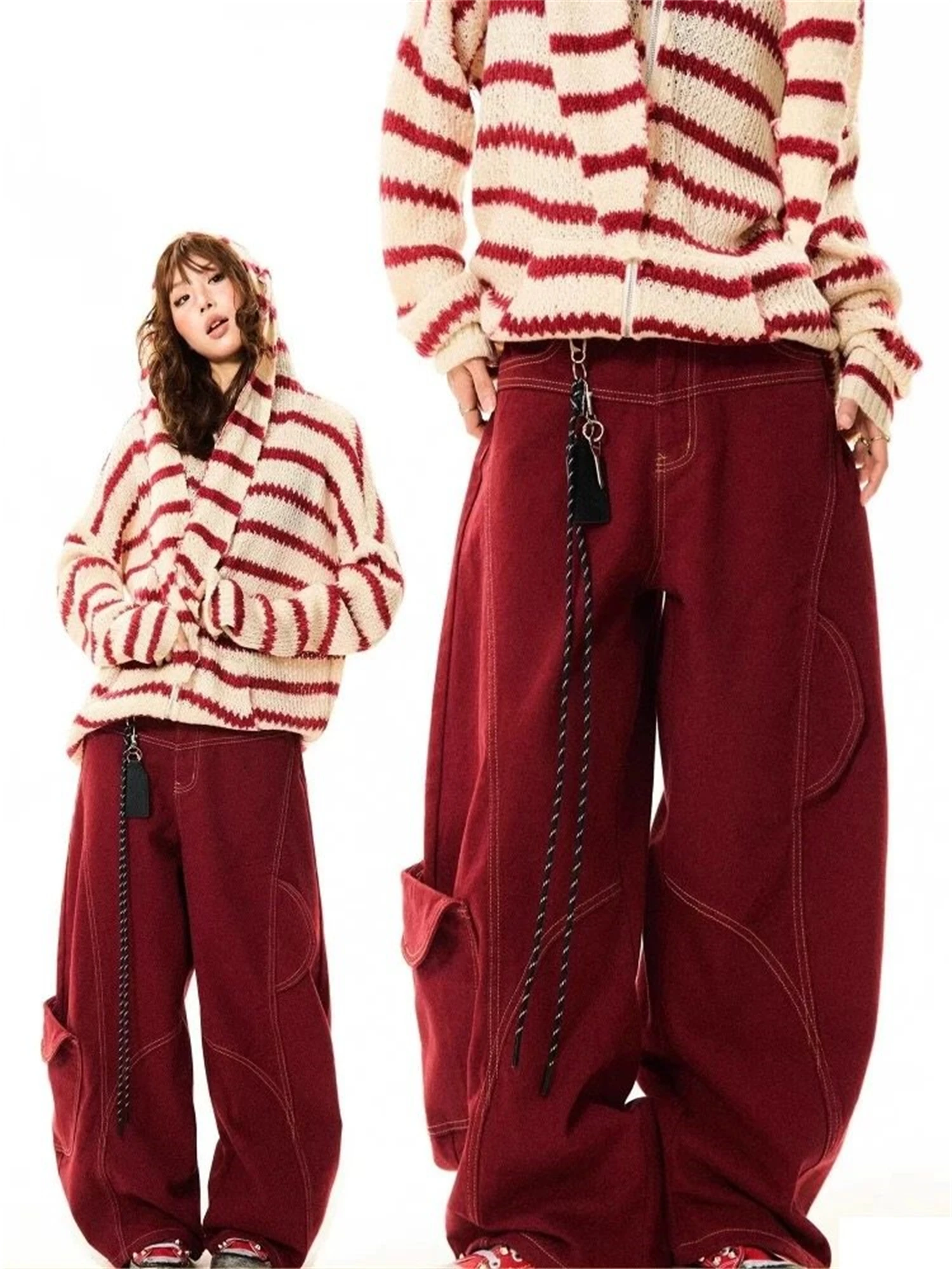 

Women's Wide Leg Denim Jeans Contrast Stitching Large Cargo Pocket Hanging Rope Detail Y2K Retro Streetwear Ladies Pants