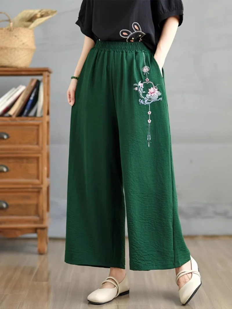 

Тонкие повседневные брюки из хлопка и льна с вышивкой в китайском стиле для женщин, летние прямые широкие брюки с высокой талией W241