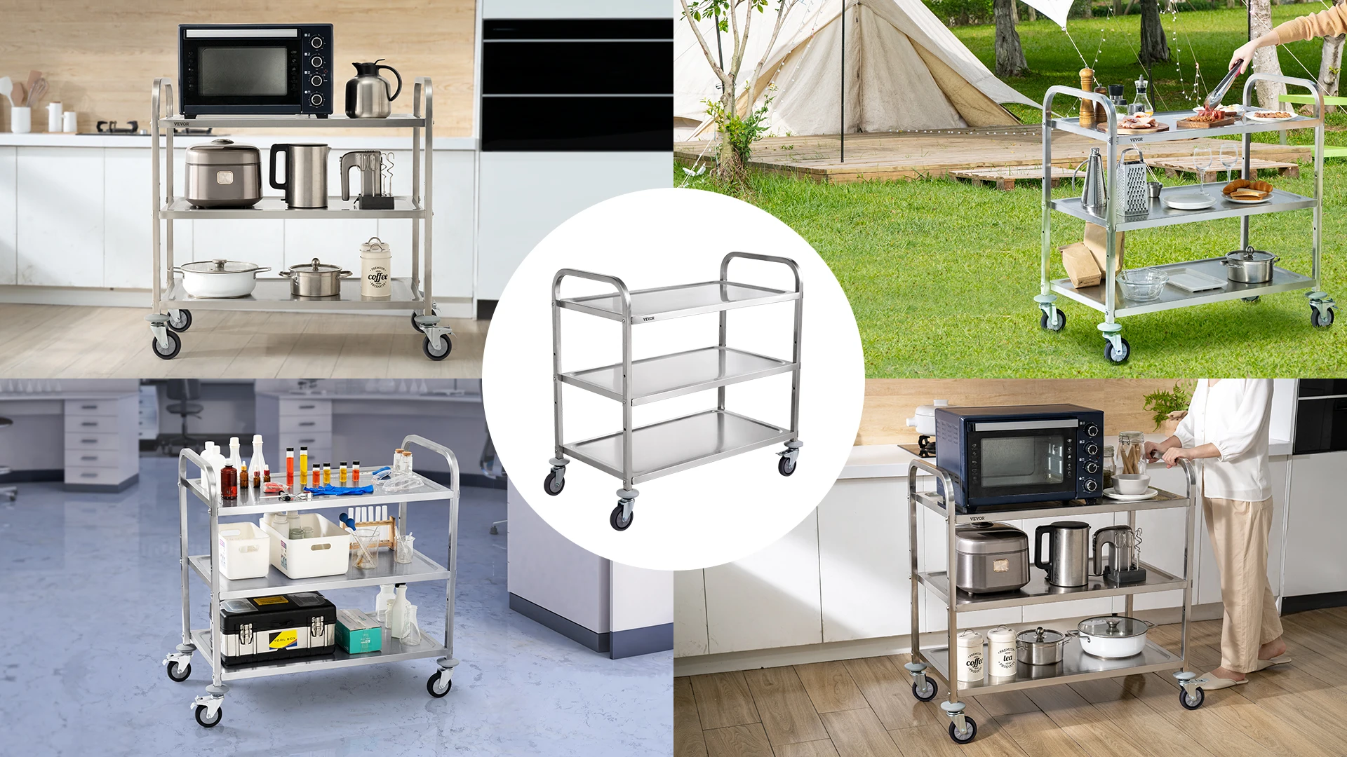 VEVOR 3 Tiers Wire Rolling 450LBS Capacity Steel Kitchen Cart with 80mm Basket Curved Handle PP Liner 6 Hooks Ideal for Indoor