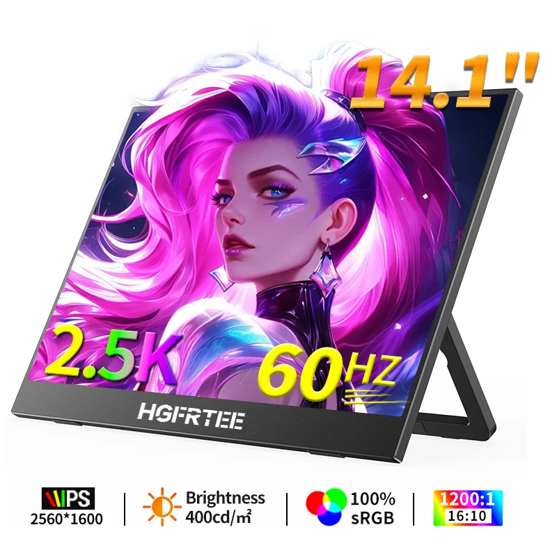 

Портативный игровой монитор HGFRTEE 2.5K, 14.1 дюйма, 60 Гц, QHD, IPS, USB-C, HDMI, внешний дисплей для ноутбуков, ПК, Mac, Switch, PS5/4, Xbox