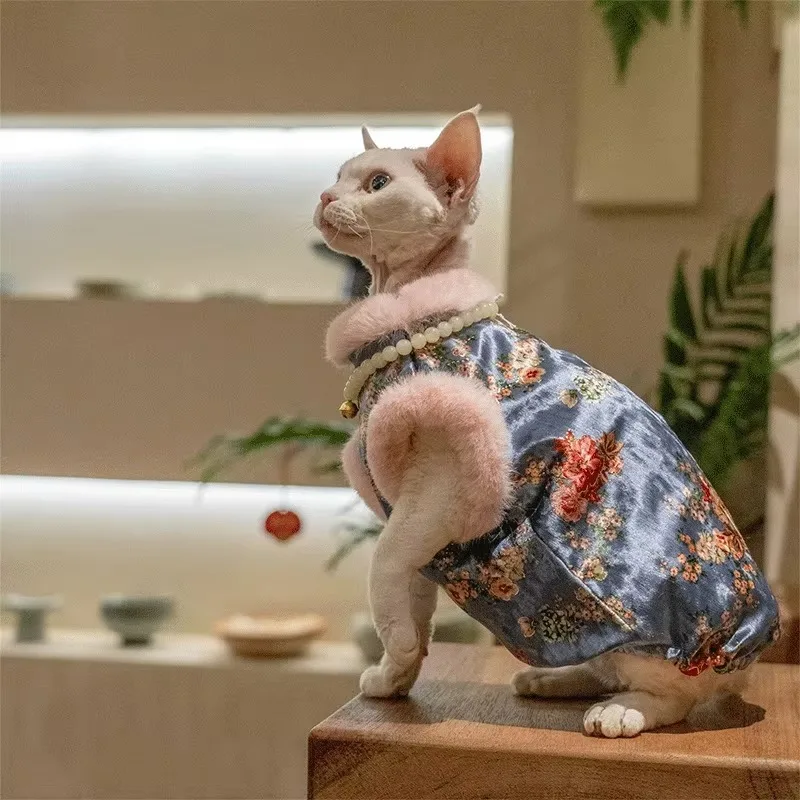 Elegant Princess-Style Cat Vest Anti-Lick Anti-Pilling Velvet Cheongsam Cotton Fleece Lining XS-XL for Winter New Year's Day
