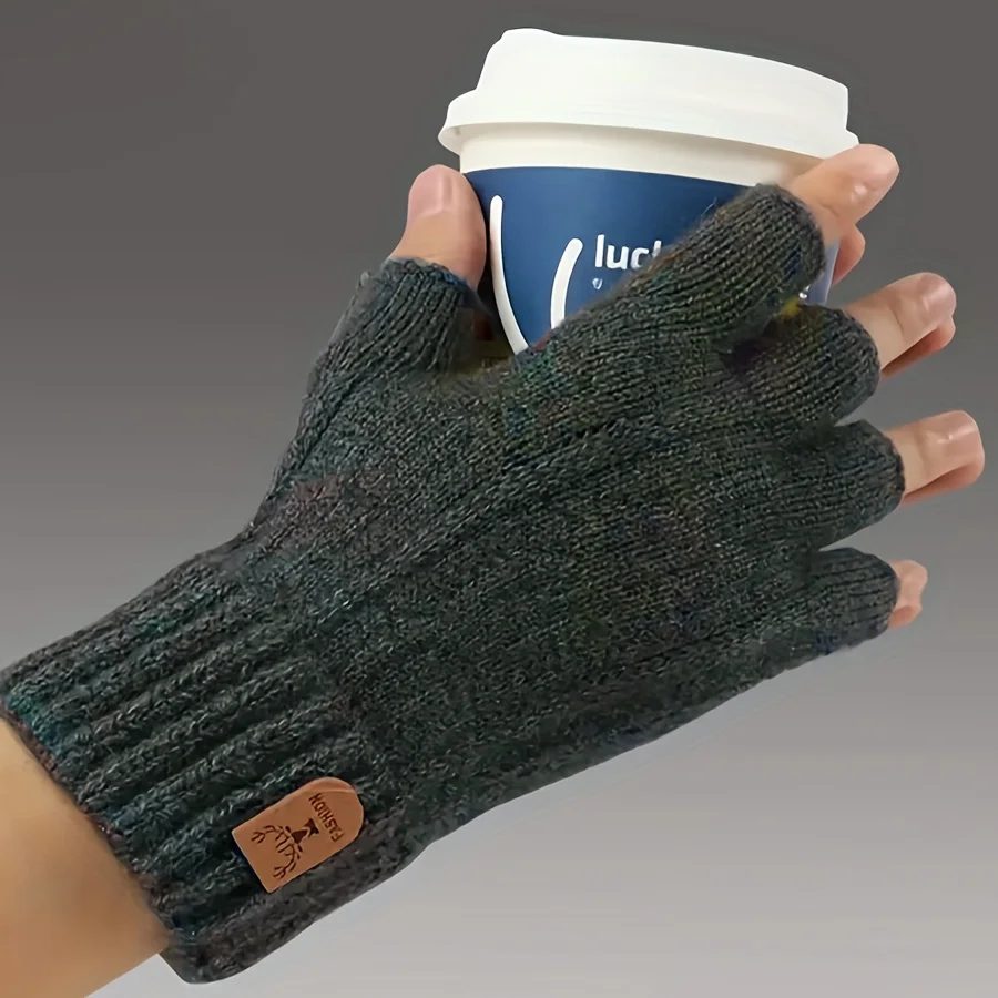 [Customer Favorite] Men's Alpaca-Blend Half-Finger Gloves - Warm, Windproof & Breathable for Outdoor Cycling | Casual Knit Style