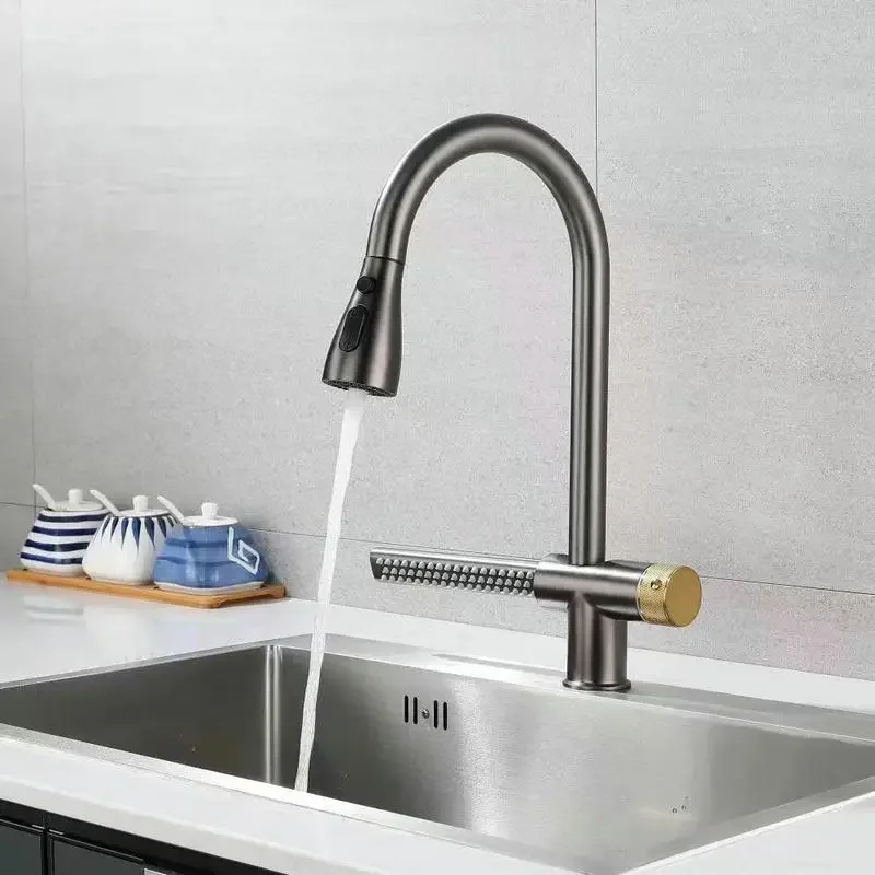 New Design Stainless Steel SS304 Sink Swivel Rainfall Waterfall Kitchen Pull Out Faucet