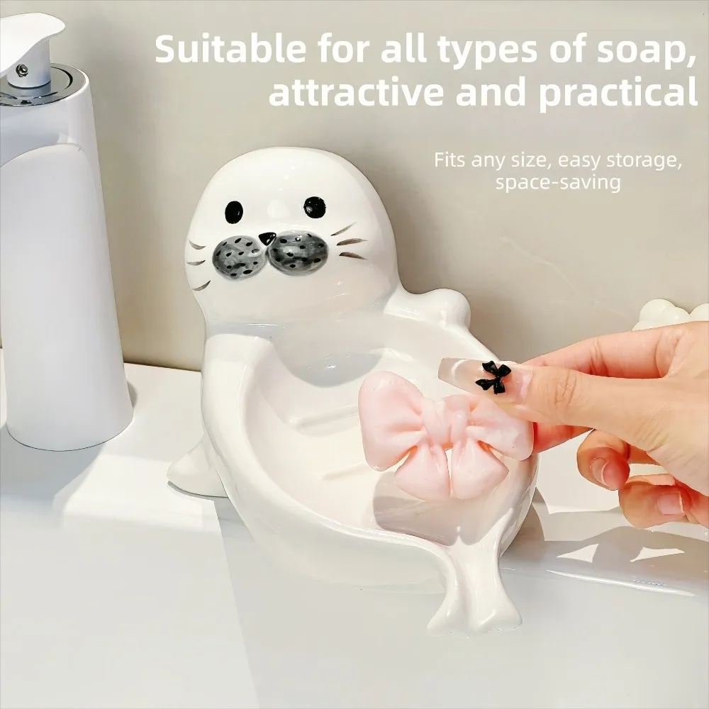 

Cute Sea Lion Soap Dish Soap Box Drainable Self Draining Soap Holder Soap Container Ceramic Bathroom Decor Organizer Household
