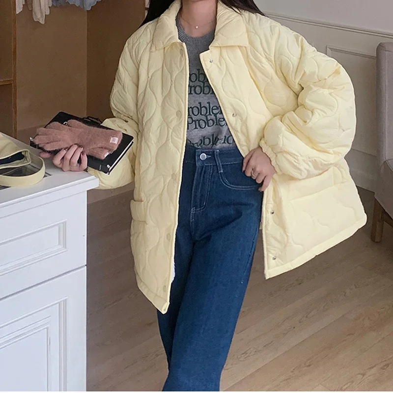 Herfst Winter Verdikte Warme Parka's Voor Vrouwen Casual Loose Fit Katoenen Gewatteerde Jas Met Lange Mouwen Button Up Lamswollen Jas