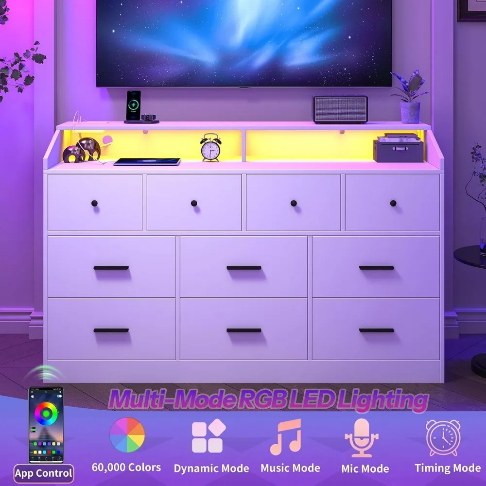 خزانة ملابس مقاس 55 بوصة ذات 10 أدراج مع قاعدة شحن وإضاءة LED - خزانة تخزين خشبية للمزرعة لغرفة النوم والمدخل والمكتب - S