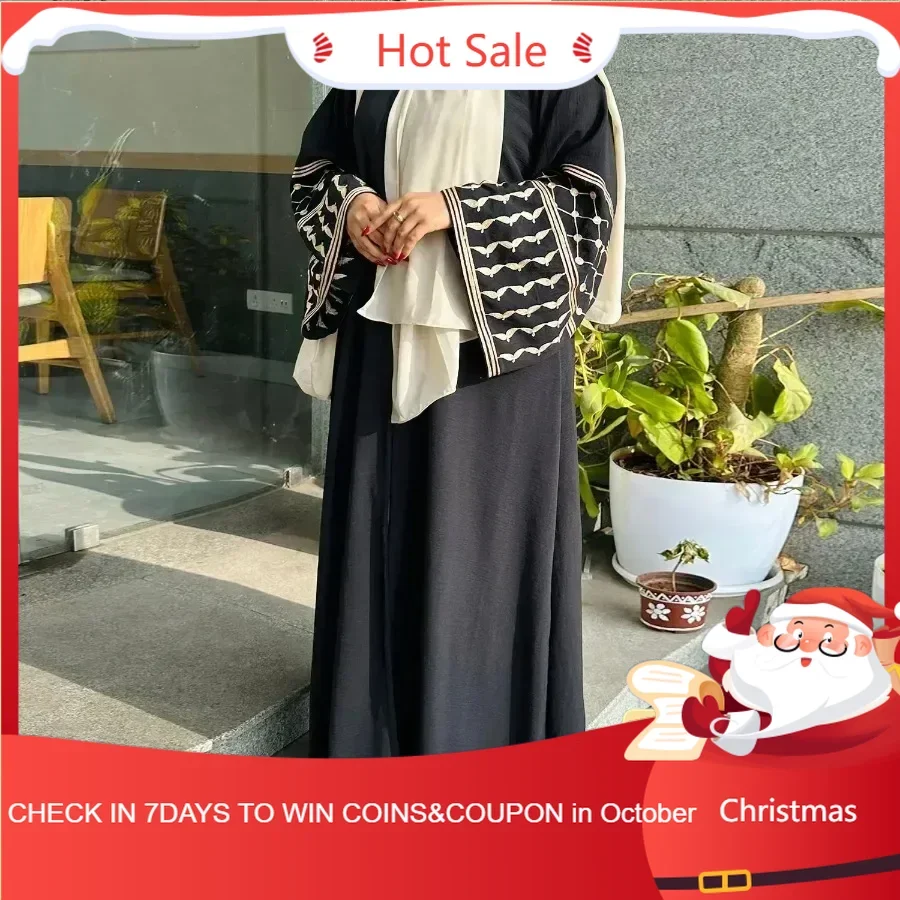 Abaya Dubai Clothes for Muslim Women Summer Autumn Muslim Long Sleeve V-neck Embroidery Open Abaya Kaftan Kimono Dress Coat