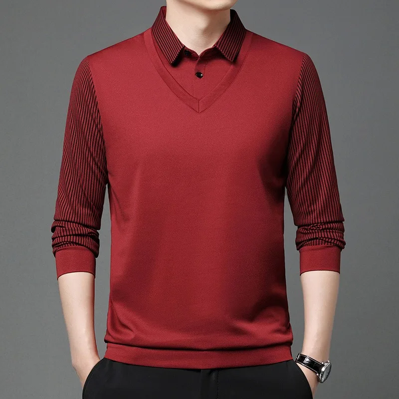 Men\'s Long Sleeve Business T-shirts Casual Fake Two Pieces Elastic Tops & Tees Luxurious High End Autumn Polo Shirts Wholesale