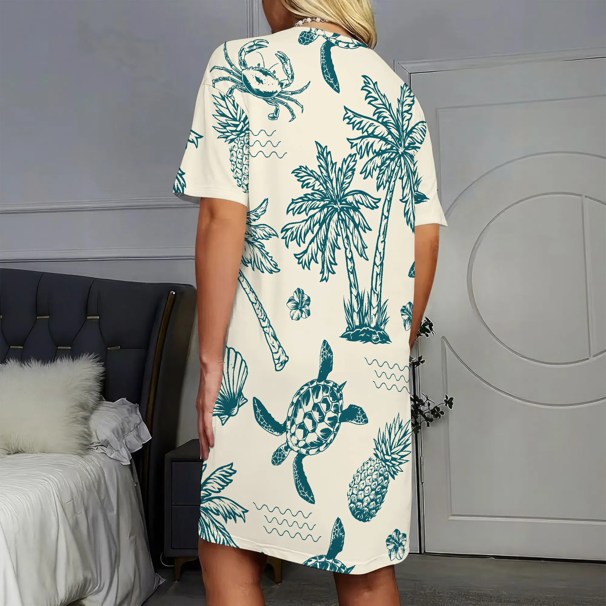 Tropical Print Short Sleeve Dress, Palm Tree & Sea Turtle Pattern, Beach Vacation Sundress, Summer Casual Wear for Women, S-2XL