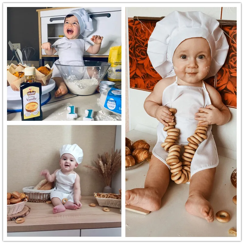 Baby Chef Apron Hat for Kids Costumes Chef Baby Cook Costume Baby Photography Prop 2pcs/set