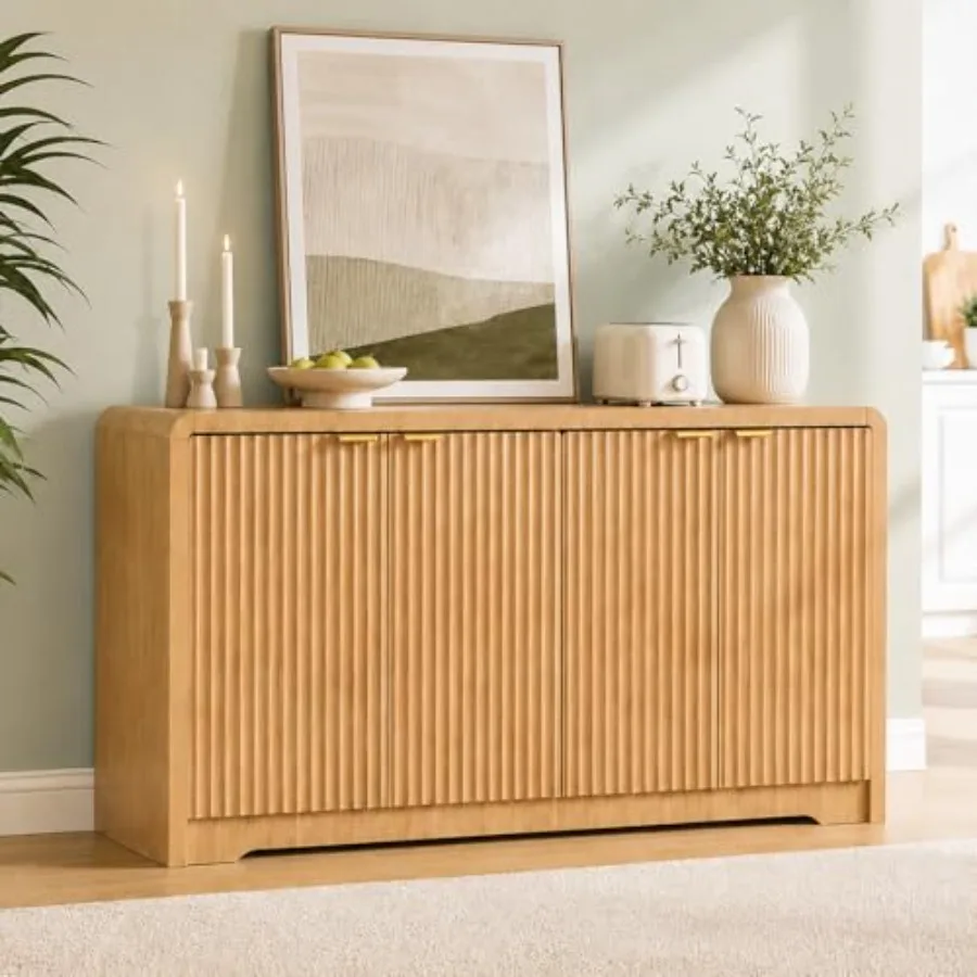 59 Fluted Sideboard Buffet Cabinet with Storage, Credenza for Dining Room Use, Natural Wood Finish, Elegant Vertical Groove Des