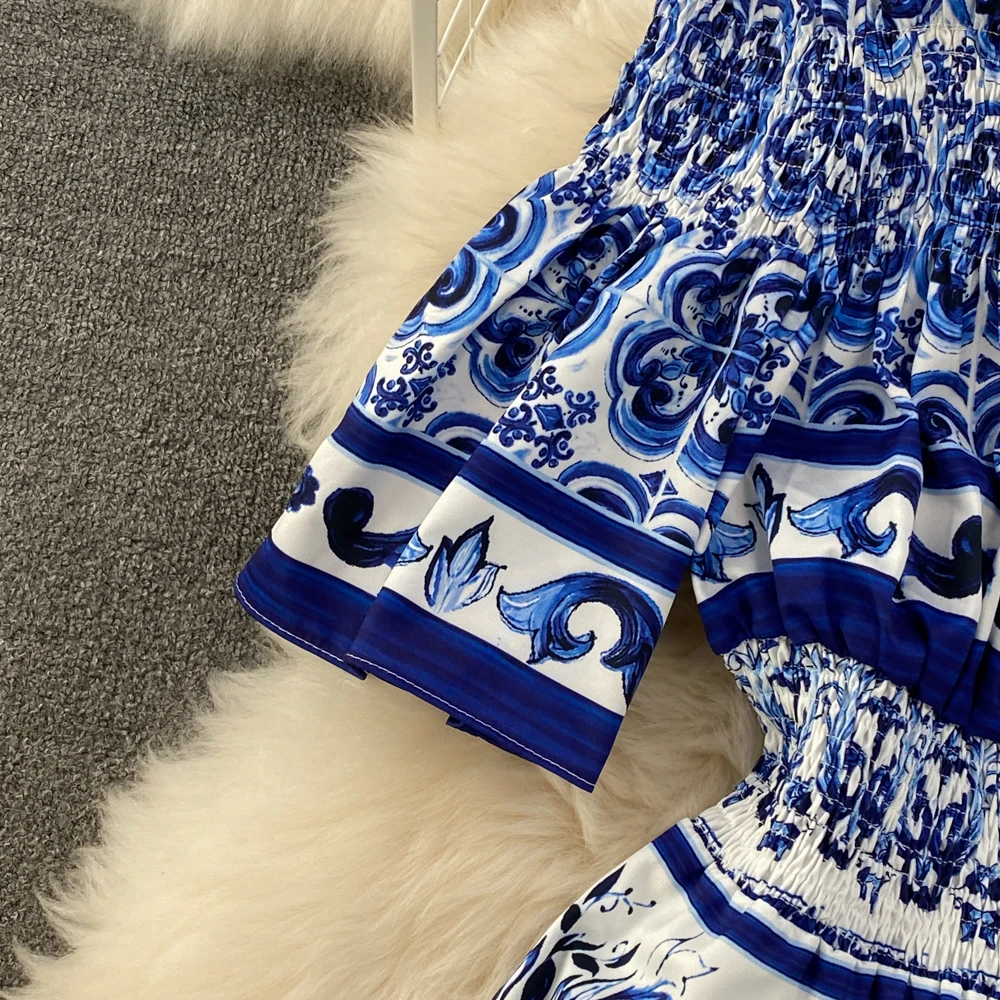 Summer Fashion Runway Midi Dress Women's Cool Shoulder Flare Sleeve Blue and White Porcelain Printing Holiday Beach Vestidos