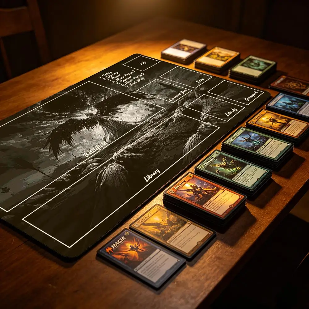 Dark Raven TCG Playmat with Zones, Non-Slip Rubber Trading Card Game Mat, Large Mouse Pad for Table Card Game Office Desk