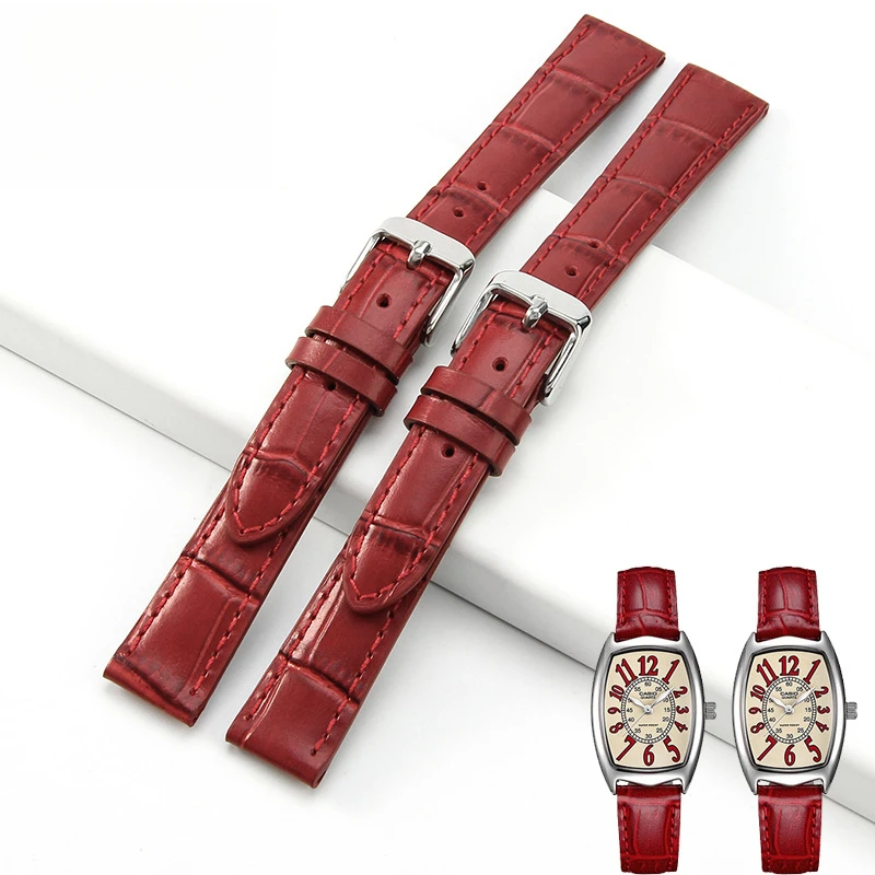 Watch band Substitute for CasioLTP-1208ELittle Red Watch Small Square Watch Bracelet Women's Leather Strap14mm