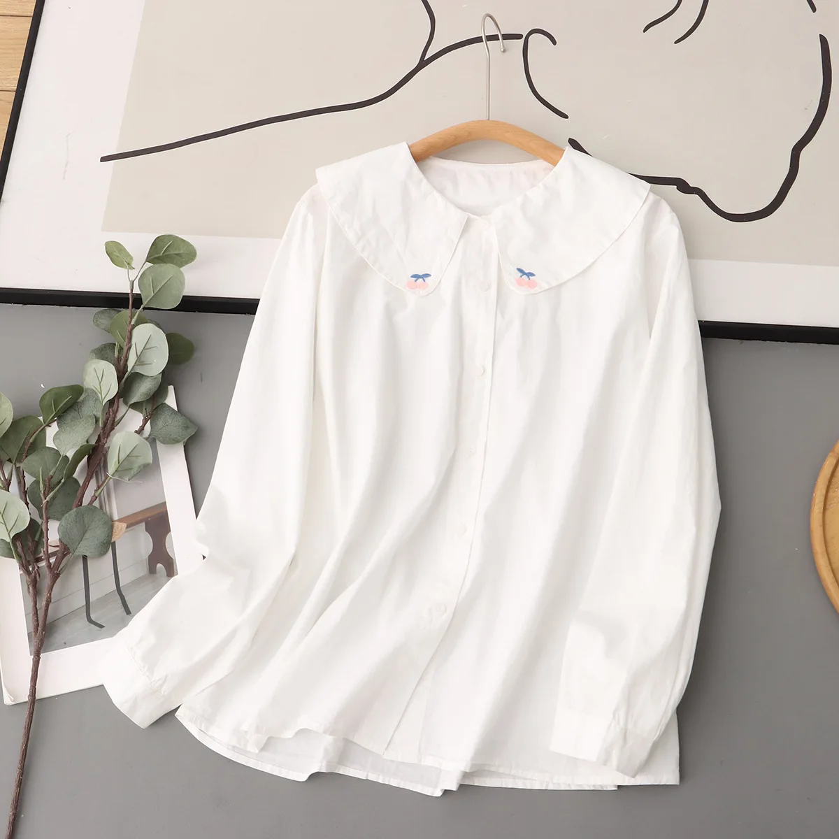 Autumn clothes for women kawaii peter pan collar cherry embroider white long sleeve shirts Japanese school uniform students