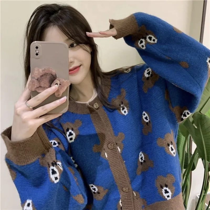 Knitting Cardigan Little Bear Coat Women Autumn Winter Loose Trend O-neck Long Sleeve Sweater Sweet All-match Cute Knitwear Tops