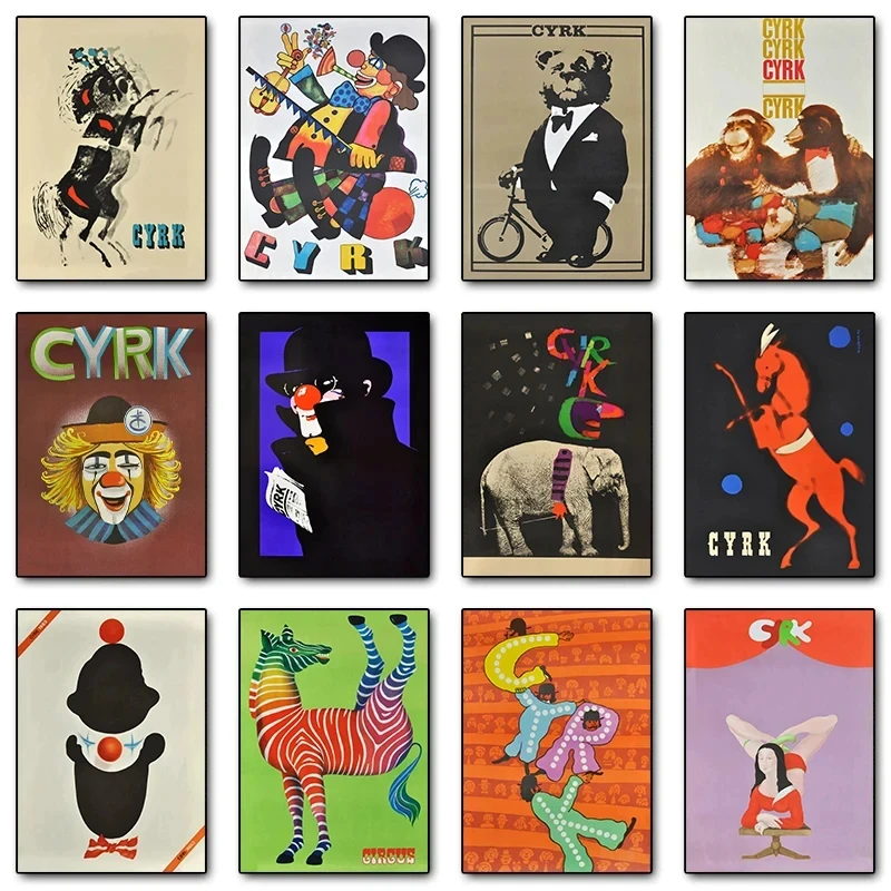 Original Vintage Polish Circus Posters Clown on Elephant Prints Canvas Printing Wall Art Picture for Living Room Home Decor Gift