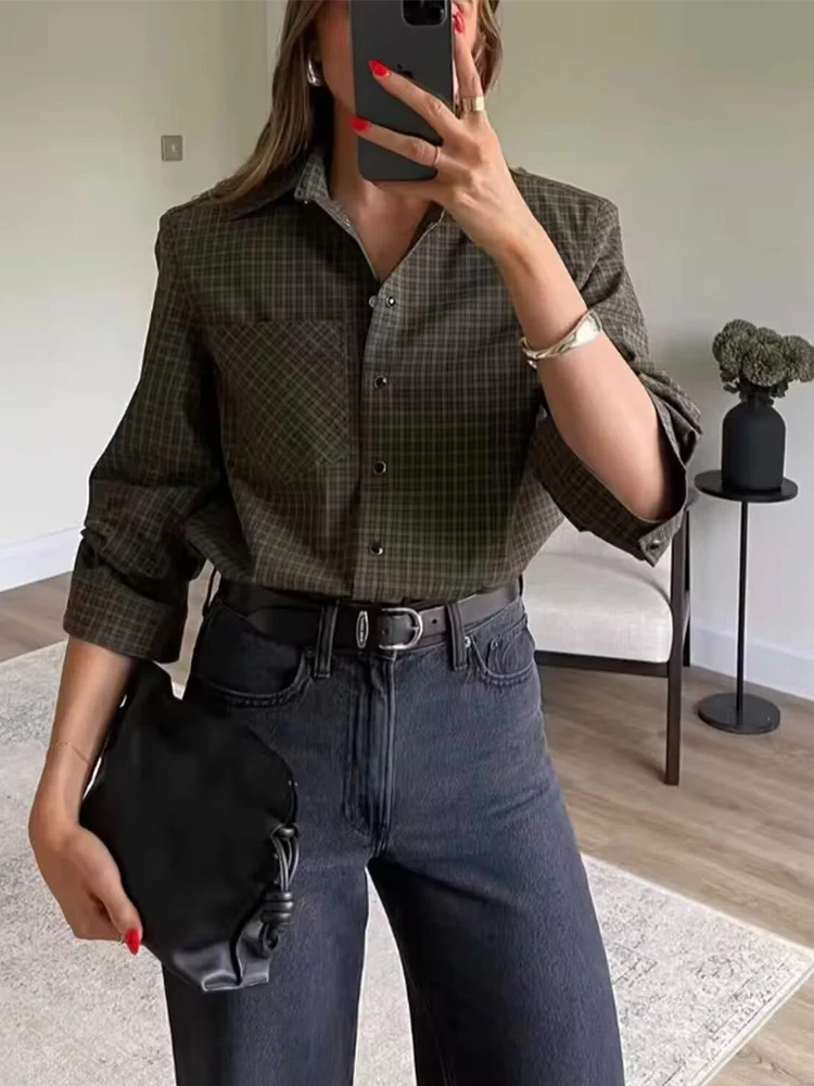    TFMLN Herbst frauen Plaid Schulter Pad Hemd Mode Revers Langarm Vintage Top Neue Lose Damen Täglichen Pendler Hemd
