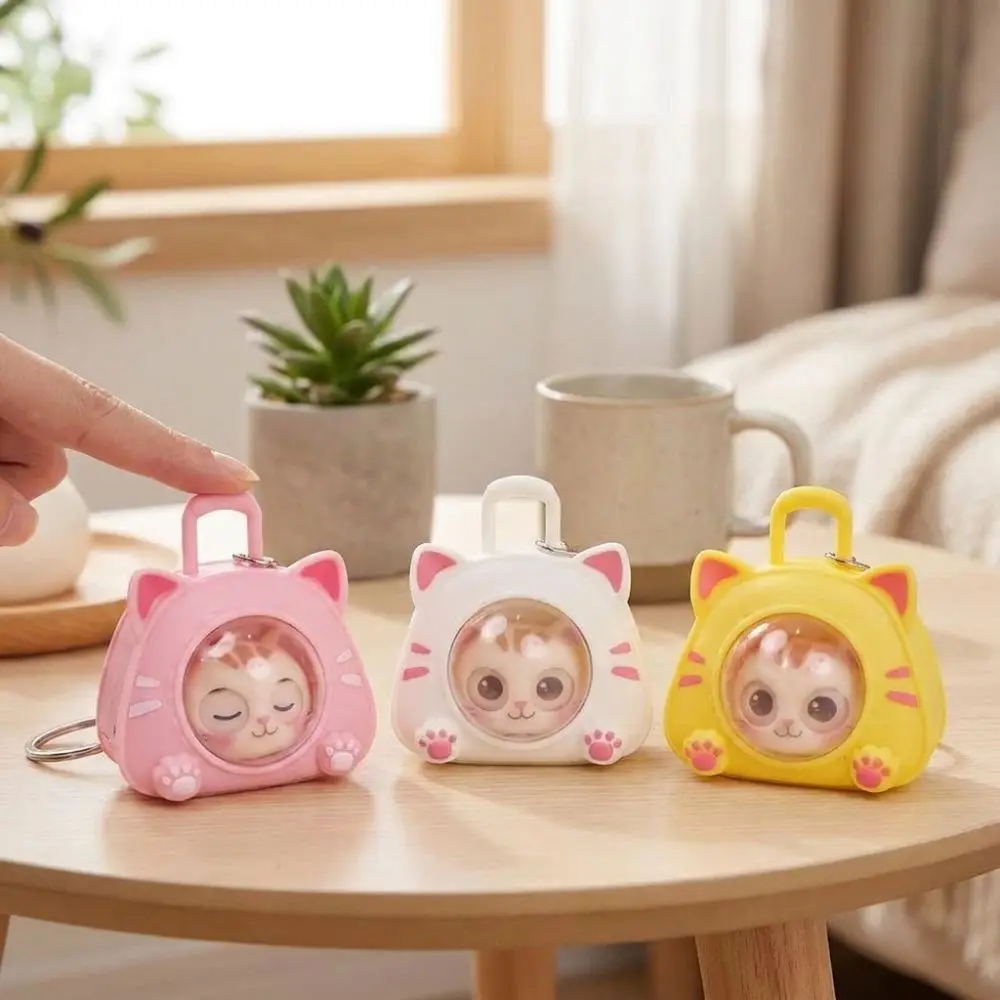 Cartoon Eye Changing Cat Bag Keychain Funny Multi Expression Face Change Cat Pendant One Click Face Clear Window