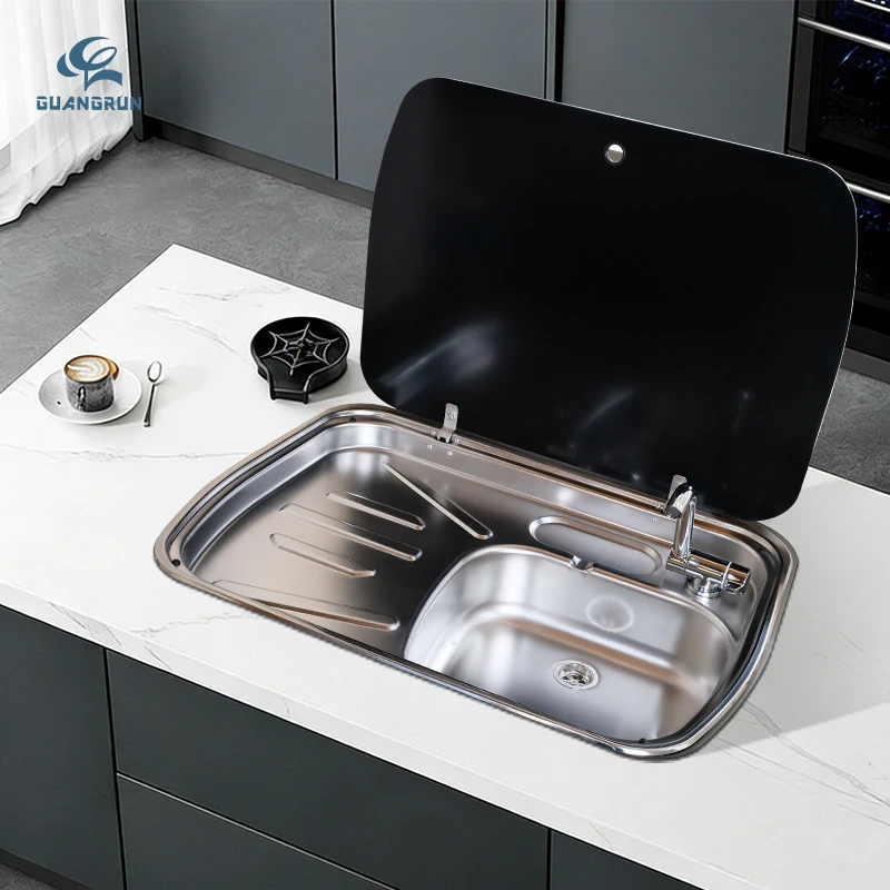 RV Campers Single Bowl Square Stainless Steel 304 Kitchen Sink Tempered Glass Lid Draining Board One Hole Car Vehicle