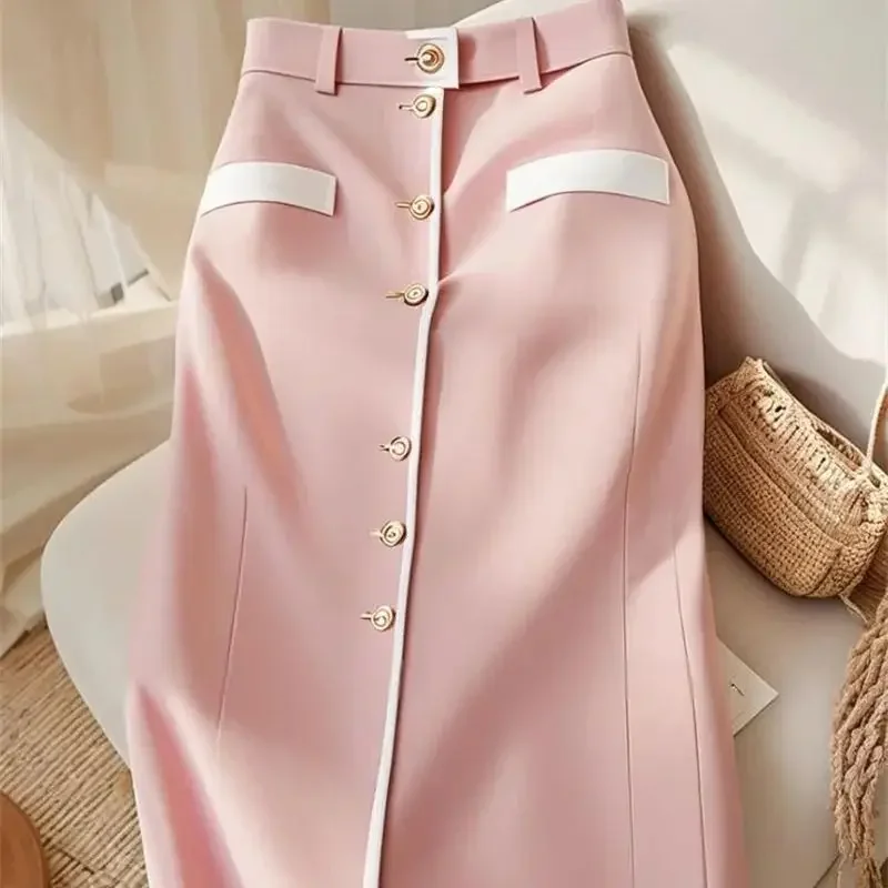 New Elegant Contrast Color Women\'s Skirt Spring Autumn High Waist Slim Single Breasted Patchwork Office Lady A-Line Skirts