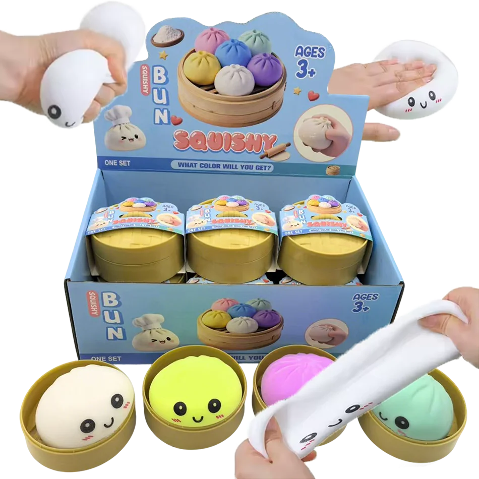 

Colorful Dumpling Squishes Stress Balls Fidget Sensory Toys Simulation Food Squishies Bun with Steamer Squeeze Dough Ball Toys