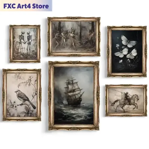 Frameless Retro Gothic Skeleton Knight Canvas Print Moody Victorian Flora And Fauna Art Posters Painting Gallery Living Room Hom