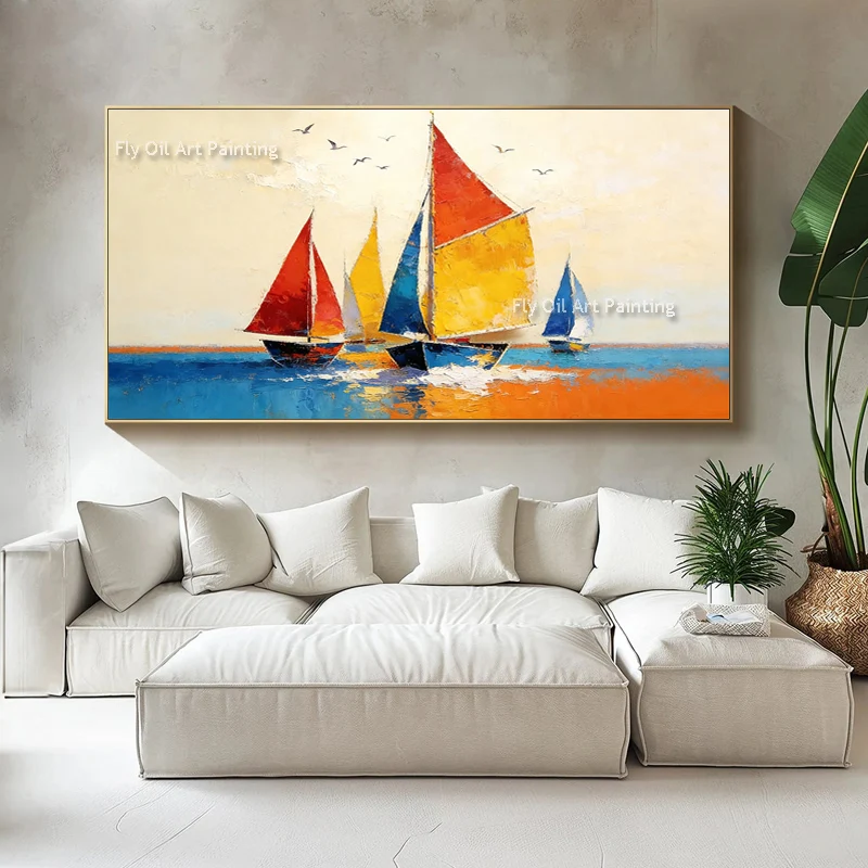 Hand Painted Textured Sailboat Oil Painting Colorful Nautical Wall Art for Living Room Coastal Beach House Entryway Decor