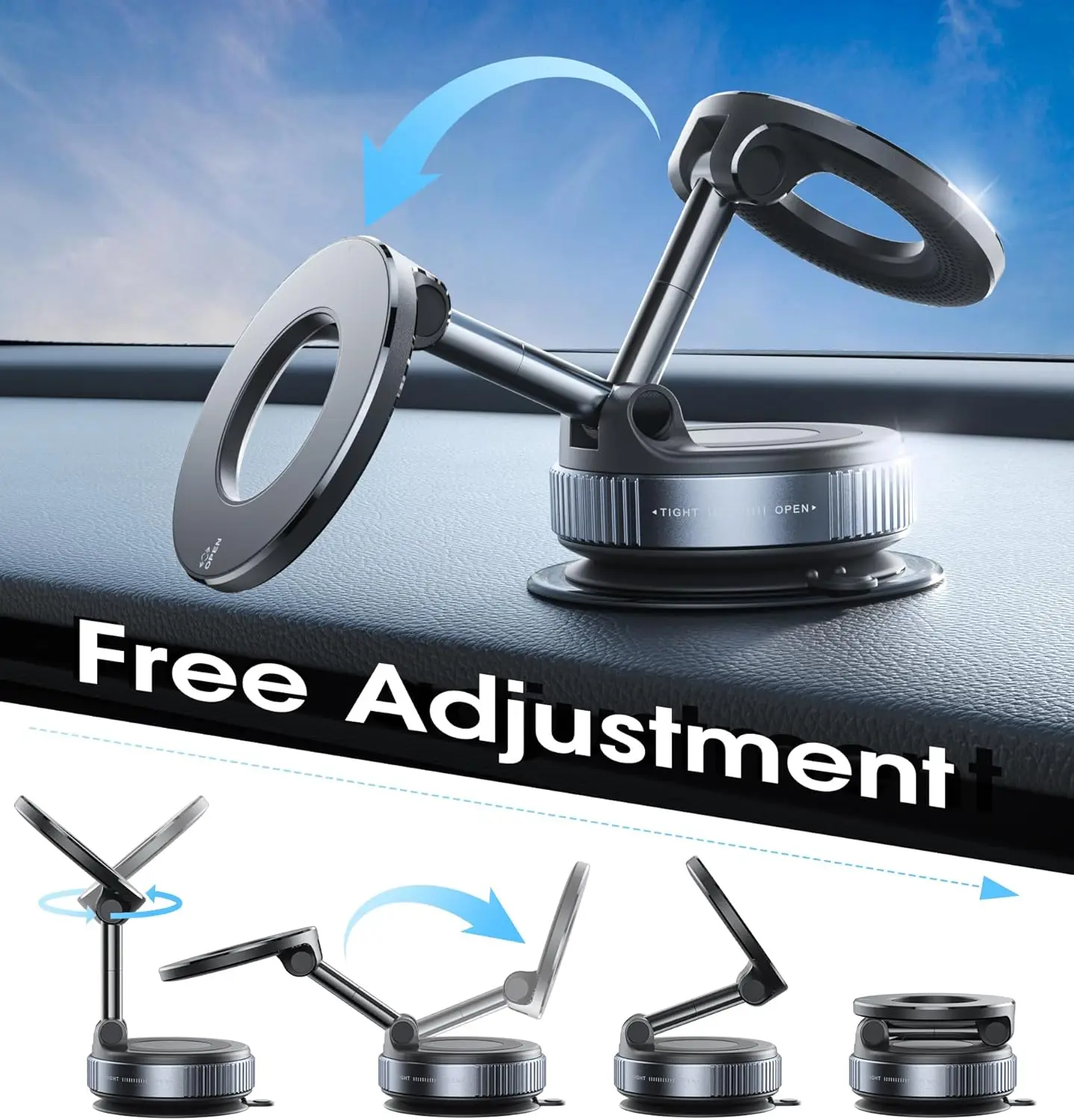 Foldable Vacuum Suction Magnetic Phone Mount 360° Rotatable Mobile Holder for Car Windshield Dashboard and Desktop Use