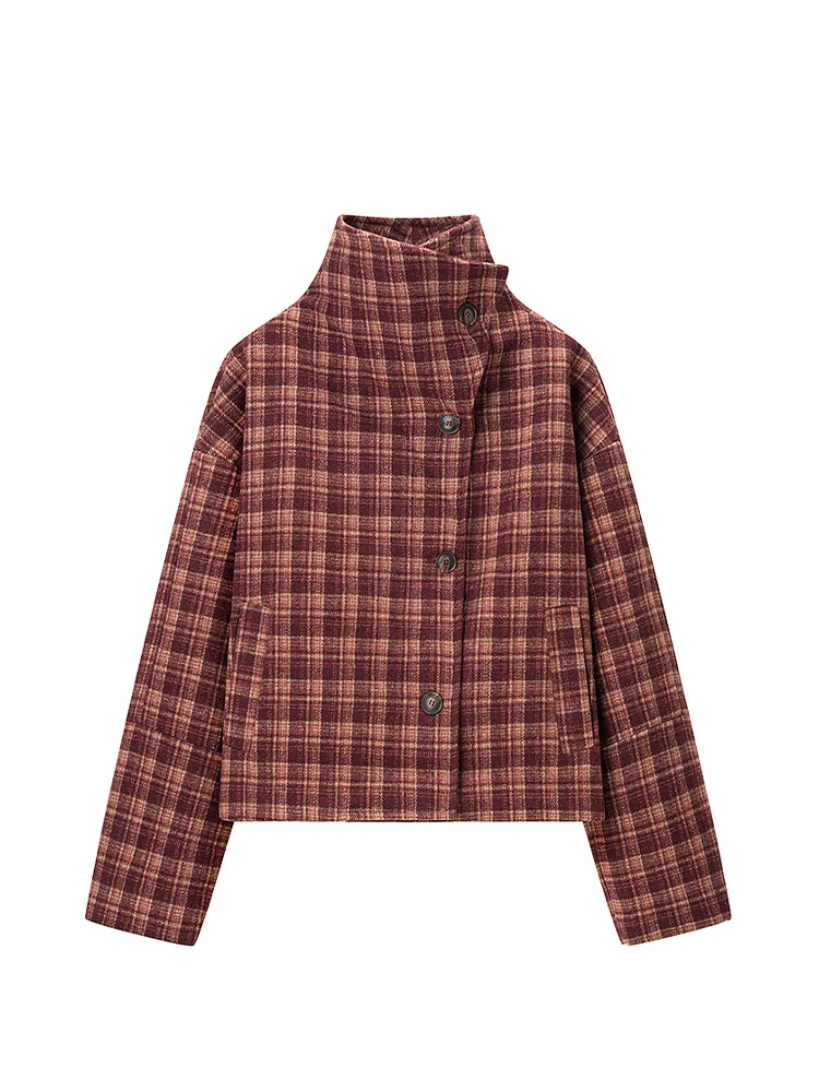 

European-style new women's fashionable and versatile stand-collar long-sleeved plaid wool coat that flatters the figure.