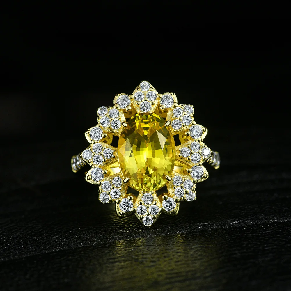 

New S925 Silver Egg shaped 8 * 11 Design 4-carat Canary Yellow Blue Treasure Ring Wedding Jewelry